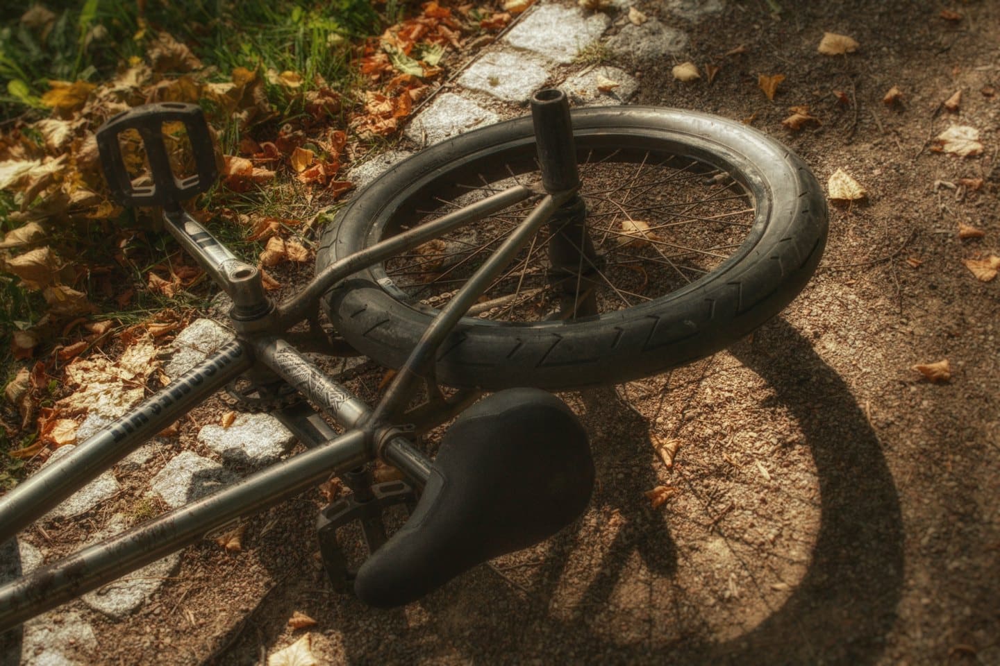 Bicicletta BMX argentata appoggiata su un sentiero sterrato con foglie autunnali.